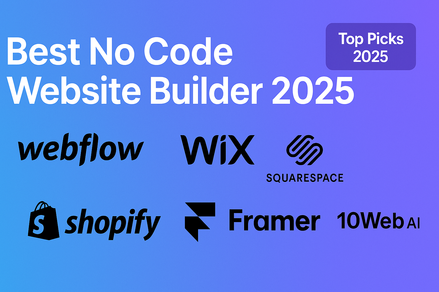 Best No Code Website Builder 2025 with logos of Webflow, Wix, Squarespace, Shopify, Framer and 10Web AI